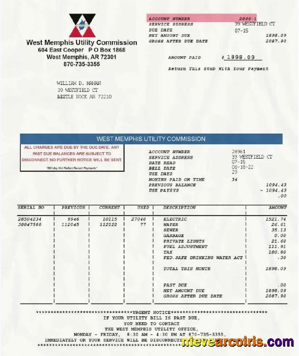 USA WEST MEMPHIS UTILITY COMMISSION utility bill